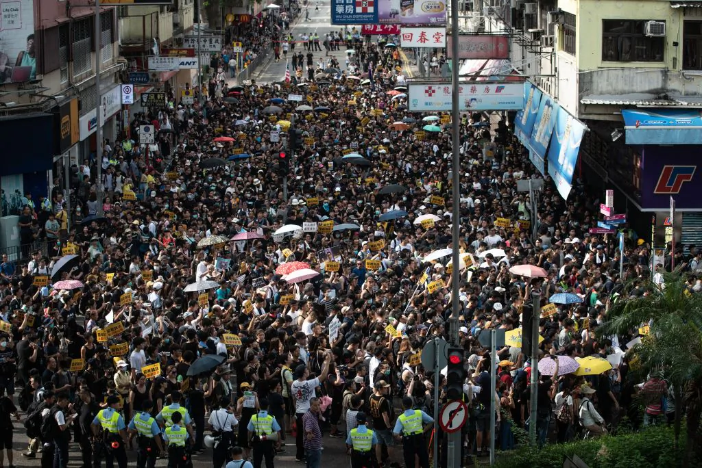 Protesters attend a march at an anti-parallel trading in Sheung Shui district in Hong Kong on July 13, 2019. (PHILIP FONG/AFP/Getty Images)