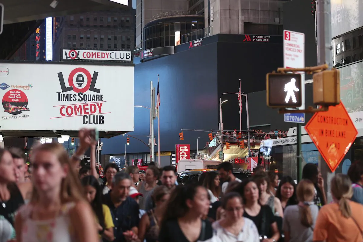 Screens in Time Square are black during a widespread power outage in New York, on July 13, 2019. (Michael Owens/AP Photo)