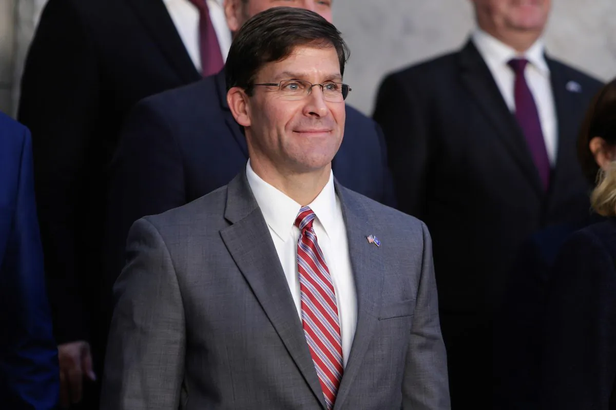 Mark Esper poses for a family picture during the NATO Defence Ministers meeting in Brussels on June 27, 2019. (Aris Oikonomou/AFP/Getty Images)