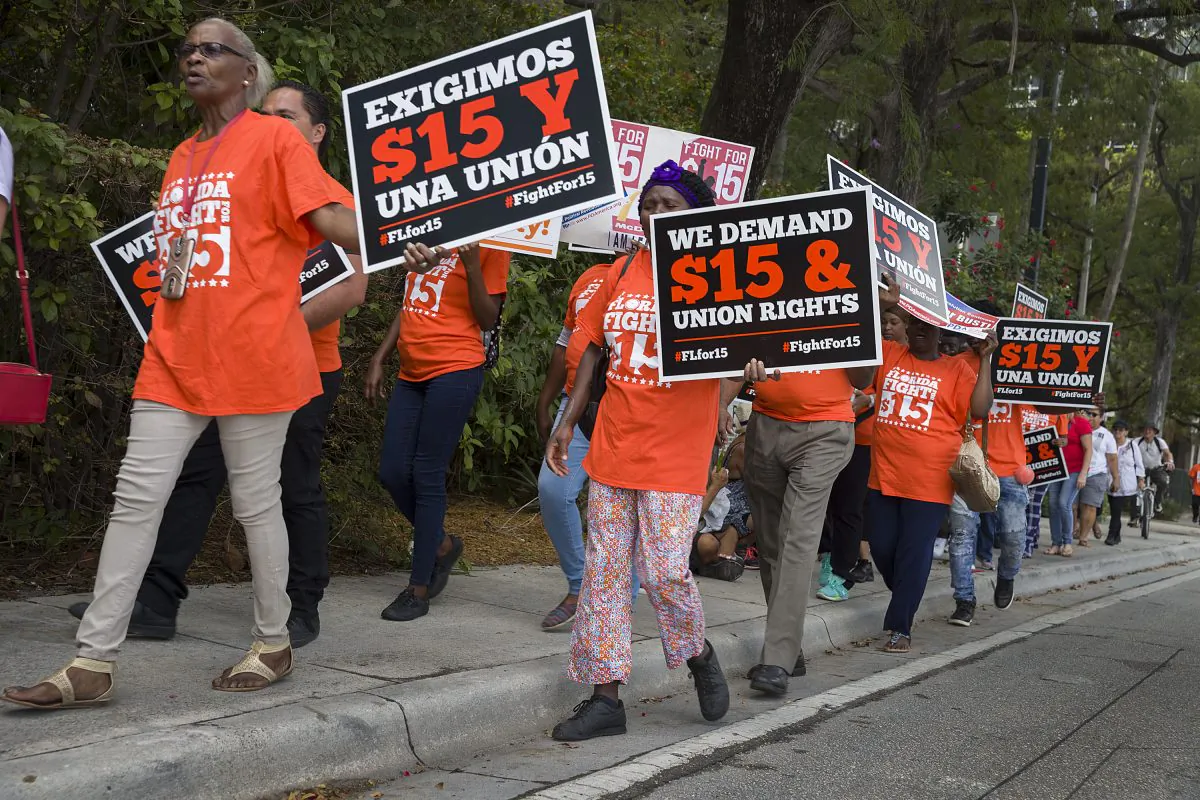 People gather together to ask the McDonald’s corporation to raise workers’ wages to a $15 minimum wage as well as demanding the right to a union in Fort Lauderdale, Florida on May 23, 2019 (Joe Raedle/Getty Images)