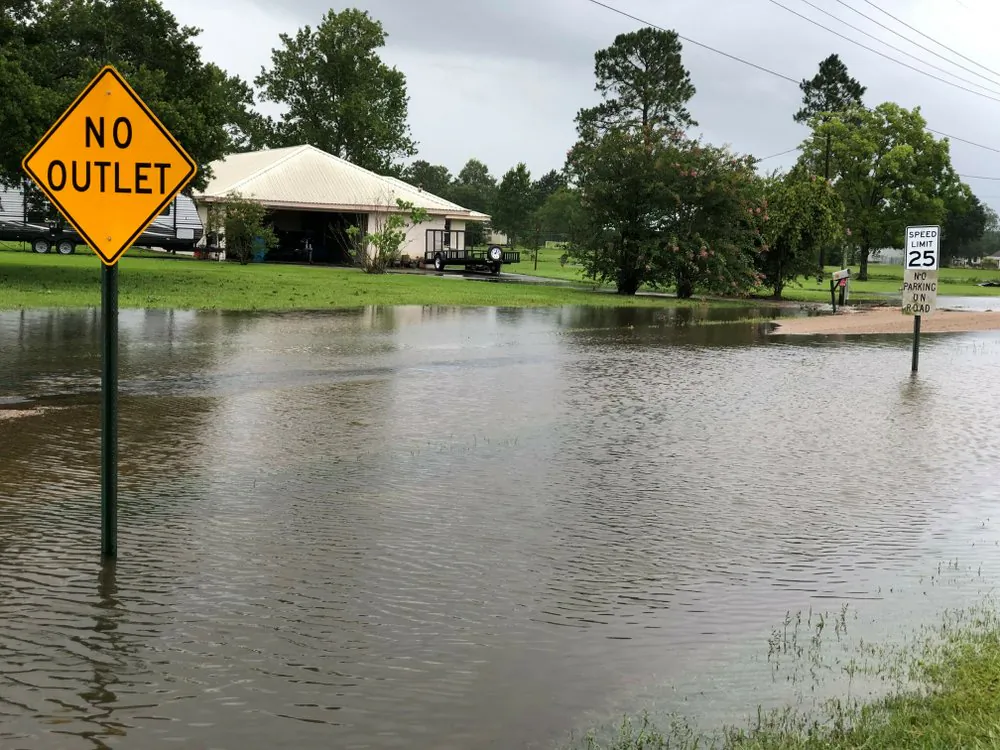 Floodwater pools near homes in St. Martinville, La., in the aftermath of Tropical Storm Barry, on July 14, 2019, (Carrie Cuchens via AP)