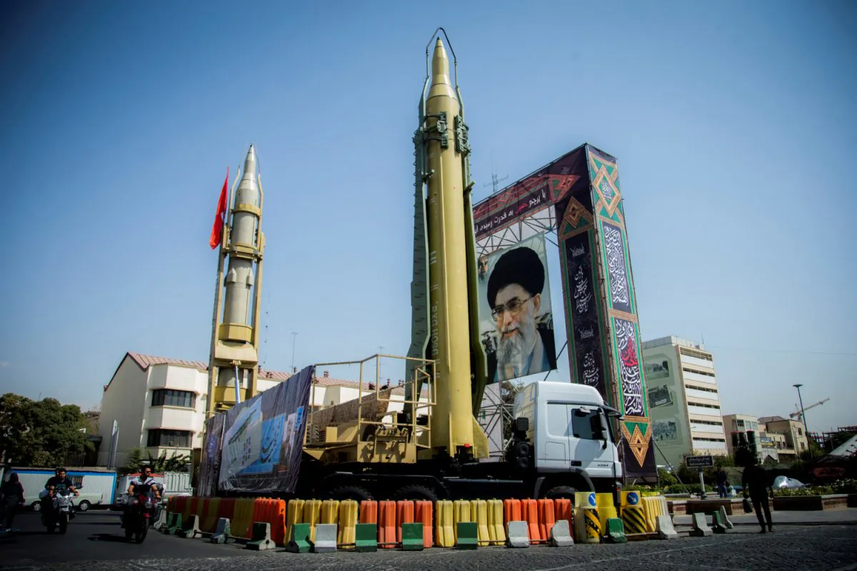 A display featuring missiles and a portrait of Iran's Supreme Leader Ayatollah Ali Khamenei is seen at Baharestan Square in Tehran, Iran on September 27, 2017. (Nazanin Tabatabaee Yazdi/TIMA via Reuters)
