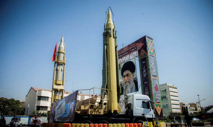 A display featuring missiles and a portrait of Iran's Supreme Leader Ayatollah Ali Khamenei is seen at Baharestan Square in Tehran, Iran on September 27, 2017. (Nazanin Tabatabaee Yazdi/TIMA via Reuters)