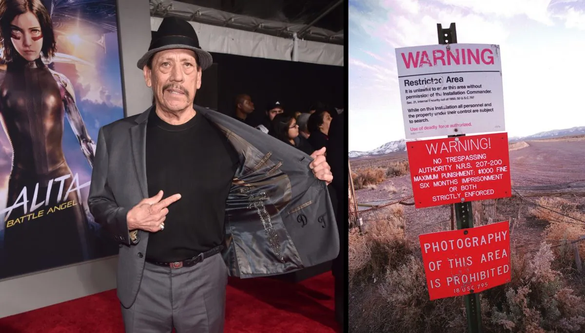Actor Danny Trejo at a film premiere in Los Angeles, Cali., on Feb 5, 2019, and a warning sign marking the boundary of Area 51, in Rachel, Nev. (Alberto E. Rodriguez/Getty Images / Dan Callister/Getty Images)