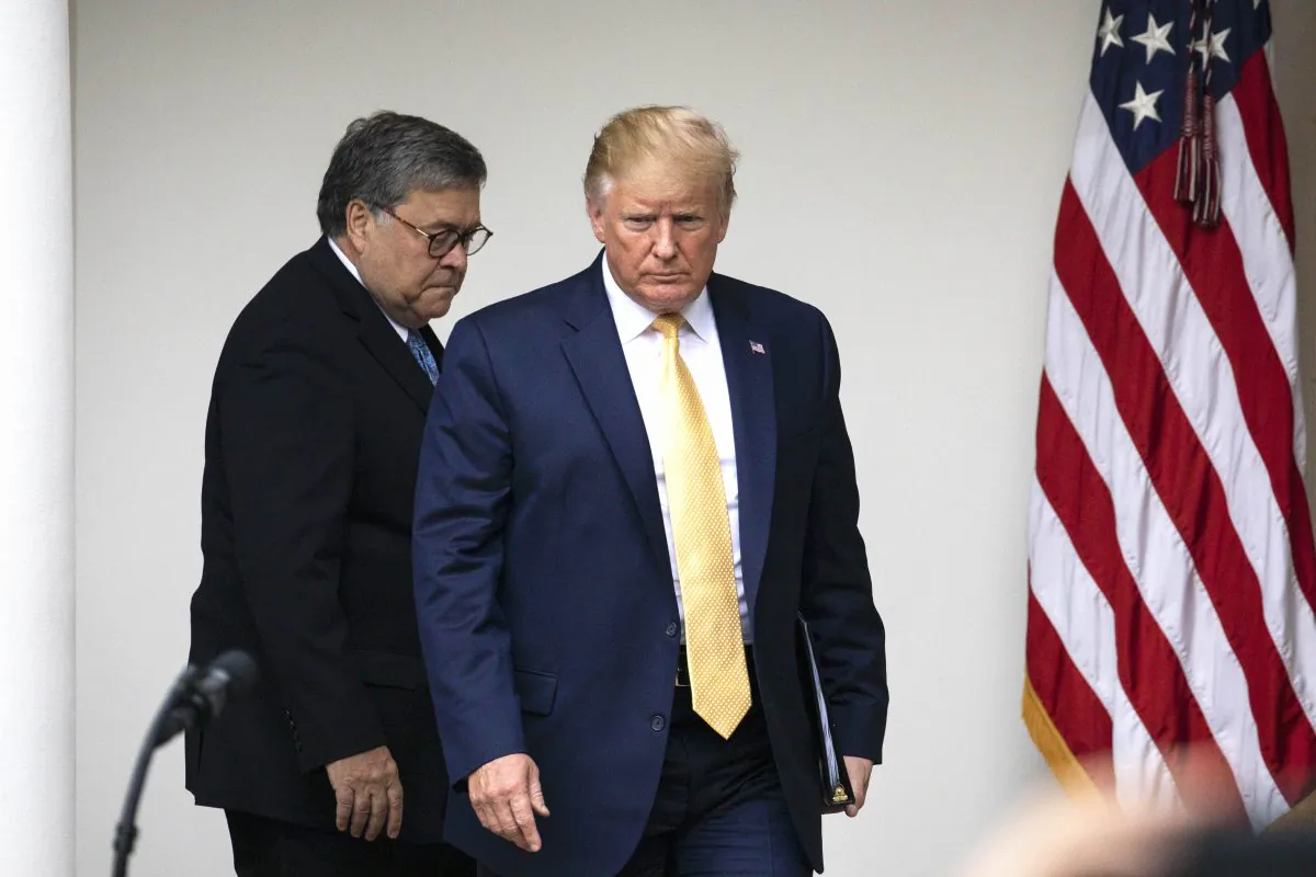 President Donald Trump and Attorney General William Barr walk out of the Oval Office to announce an executive action to tally American citizenship, in the White House Rose Garden in Washington, on July 11, 2019. (Charlotte Cuthbertson/The Epoch Times)