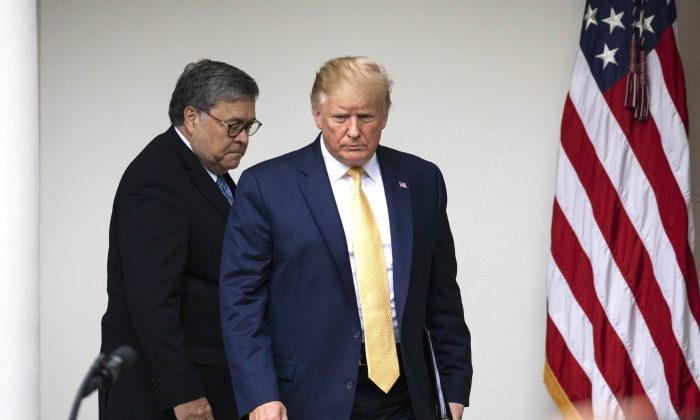 President Donald Trump and Attorney General William Barr walk out of the Oval Office to announce an executive action to tally American citizenship, in the White House Rose Garden in Washington, on July 11, 2019. (Charlotte Cuthbertson/The Epoch Times)