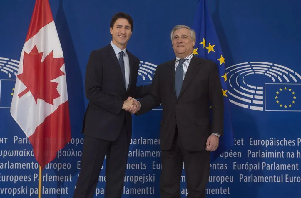 Canadian Prime Minister Justin Trudeau is greeted by the President of the European Parliament, Antonio Tajani as he arrives at the European Parliament in Strasbourg, France on February 16, 2017. (Adrian Wyld/The Canadian Press)