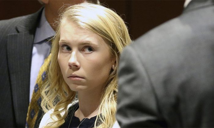 Former high school cheerleader Skylar Richardson, then 19, who was charged with aggravated murder and other offenses at the Warren County Courthouse in Lebanon, Ohio, on April 12, 2018. (Cara Owsley/The Cincinnati Enquirer via AP, File)