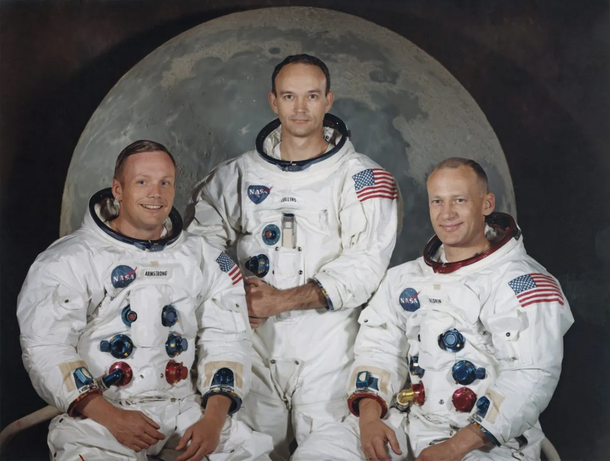 The three crew members of NASA's Apollo 11 lunar landing mission pose for a group portrait a few weeks before the launch, May 1969. From left to right, Commander Neil Armstrong, Command Module Pilot Michael Collins and Lunar Module Pilot Edwin 'Buzz' Aldrin Jr.  Space Frontiers/Getty Images