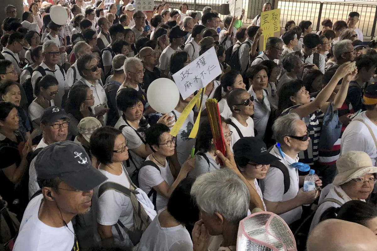 Elderly Hong Kong residents march in Hong Kong on July 17, 2019. Thousands of Hong Kong senior citizens, including a popular actress, marched in a show of support for youths at the forefront of month-long protests against a contentious extradition bill in the semi-autonomous Chinese territory. (Phoebe Lai/AP)