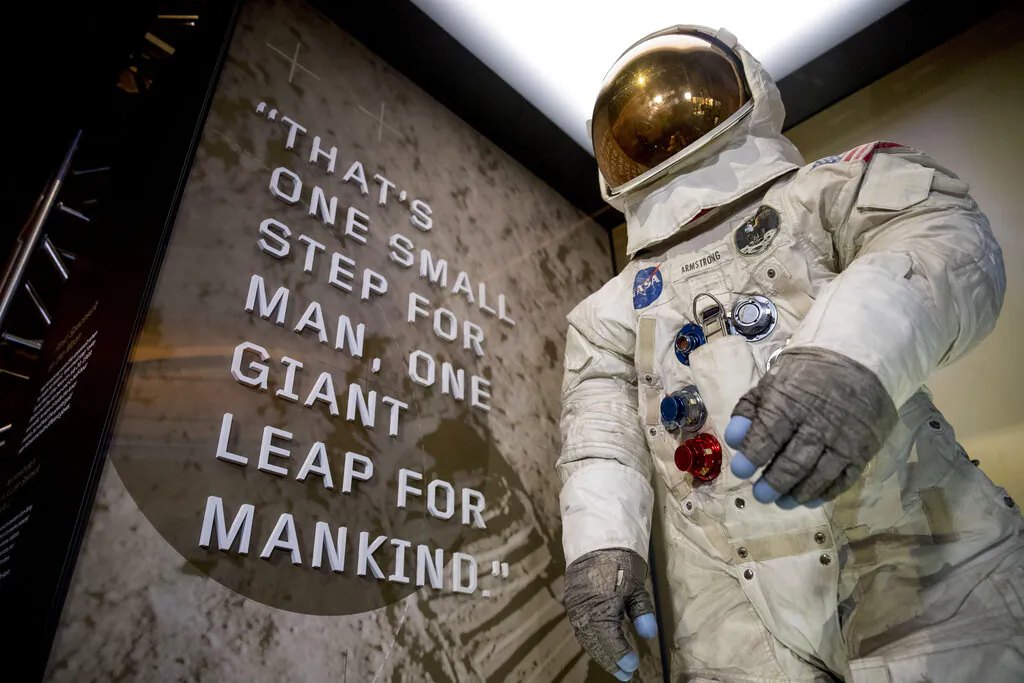 Neil Armstrong's Apollo 11 spacesuit is unveiled at the Smithsonian's National Air and Space Museum on the National Mall in Washington, on July 16, 2019. (Andrew Harnik/AP Photo)