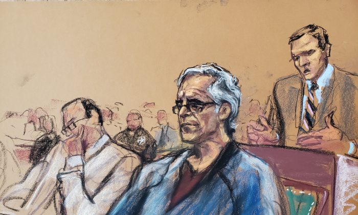 Assistant U.S. Attorney Alex Rossmiller (R) speaks as Jeffrey Epstein looks on during a a bail hearing in this courtroom sketch in New York on July 15, 2019. (REUTERS/Jane Rosenberg)