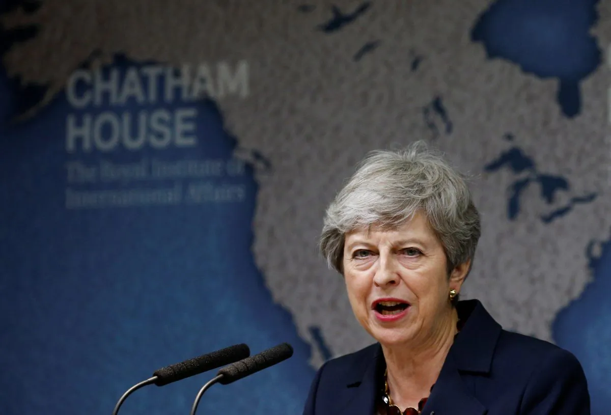 Britain's outgoing Prime Minister Theresa May delivers a speech at Chatham House in London on July 17, 2019. (HENRY NICHOLLS/AFP/Getty Images)
