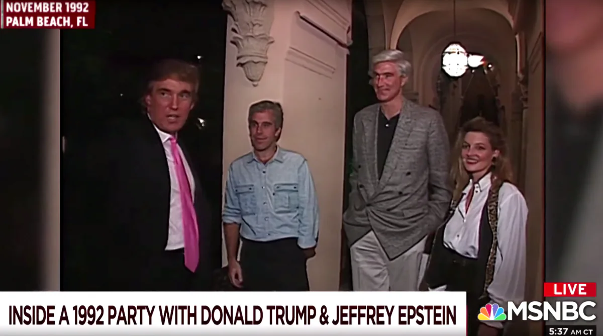 A screenshot of a video taken by NBC News in 1992 shows Donald Trump welcoming several guests, including Jeffrey Epstein, to a party at his Mar-a-Lago resort in Palm Beach, Fla. Trump would later ban Epstein from the resort. (Screenshot/NBC)