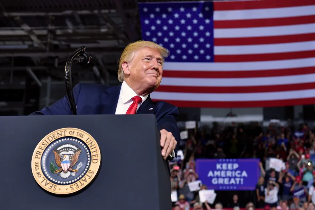President Donald Trump gestures as he speaks at a "Make America Great Again" rally at Minges Coliseum in Greenville, North Carolina, on July 17, 2019. (Nicholas Kamm/AFP/Getty Images)