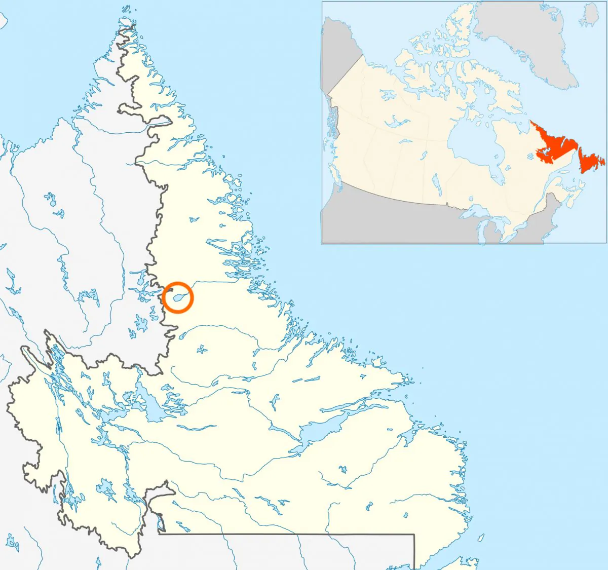 Map of Newfoundland and Labrador in Canada. The circle represents where Mistastin Lake is located.(Hanhil/Wikimedia Commons[CC BY-SA 3.0 (ept.ms/2Bw5evC)])