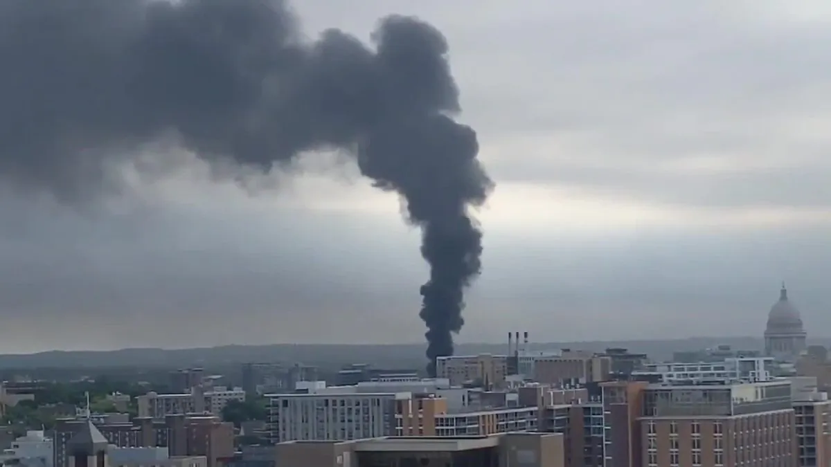 More than 13,000 customers are without electricity during a dangerous heat wave, after a fire at a downtown substation in Madison, Wis., on July 19, 2019. (Sarah Griffin, Cooperative Institute for Meteorological Satellite Studies via CNN)