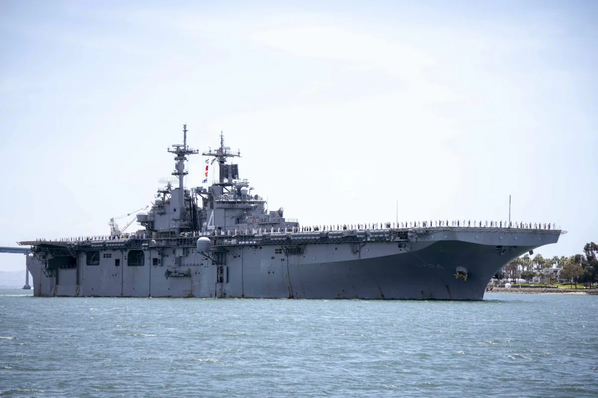 Amphibious assault ship USS Boxer (LHD 4) transits the San Diego Bay, U.S. on May 1, 2019. (U.S. Navy Photo by Mass Communication Specialist 2nd Class Jesse Monford)