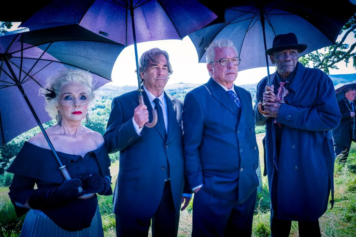 (L–R) Fionnula Flanagan, Beau Bridges, Tom Berenger, and Louis Gossett Jr. in “Supervized.” (Freestyle Releasing)