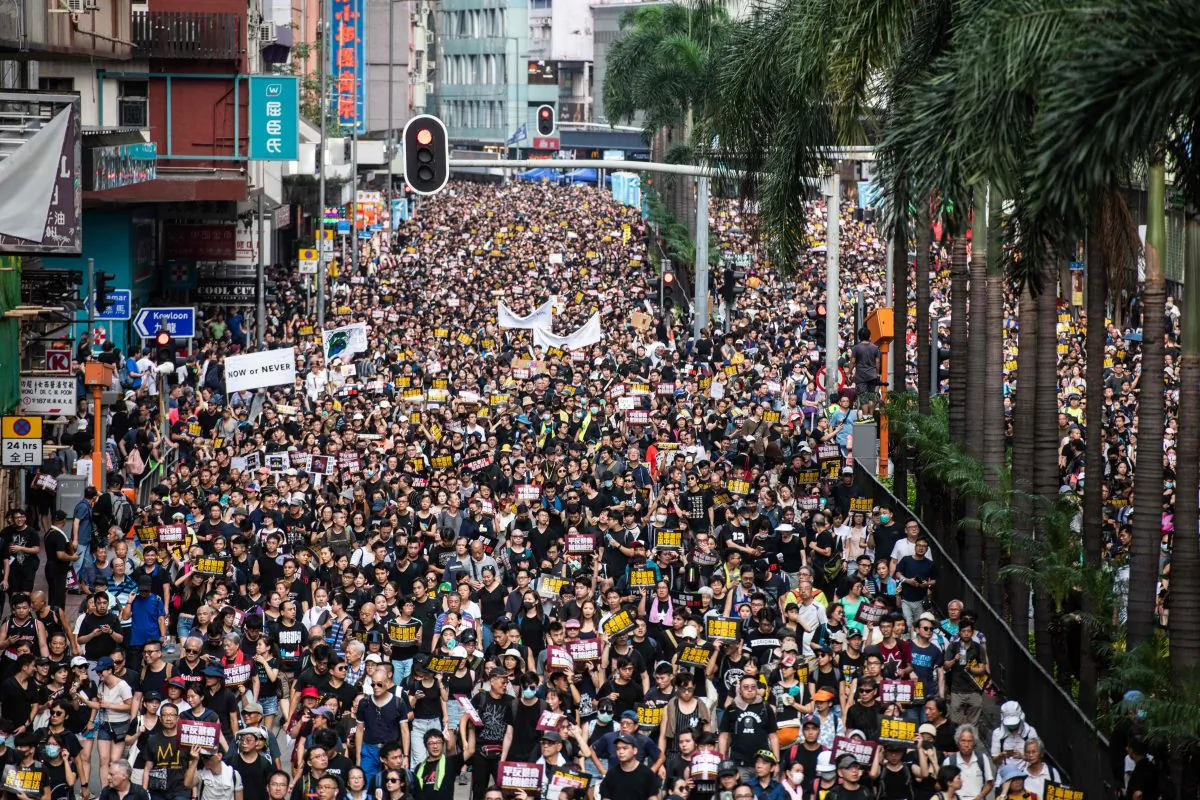Protesters march against a controversial extradition bill in Hong Kong on July 21, 2019. (ANTHONY WALLACE/AFP/Getty Images)