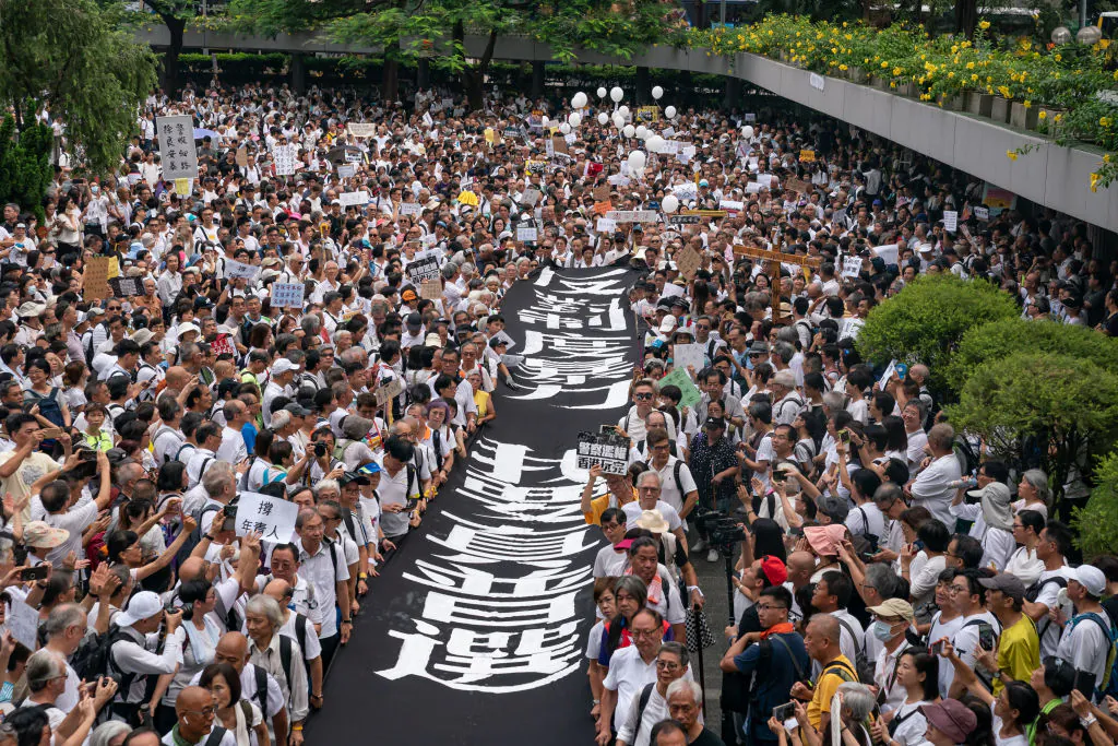 Protesters who are representing the elderly community take part in a march against the extradition bill in Hong Kong on July 17, 2019. (Anthony Kwan/Getty Images)