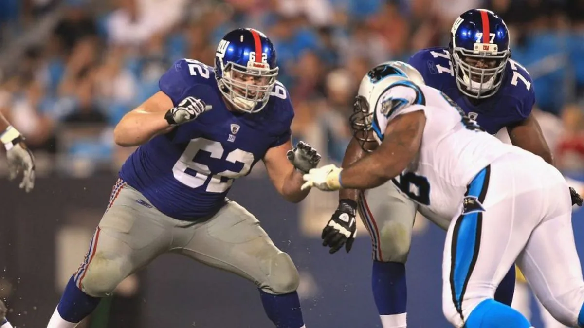 Mitch Petrus #62 of the New York Giants against the Carolina Panthers during their preseason game at Bank of America Stadium on Aug. 13, 2011, in Charlotte, North Carolina. (Photo by Streeter Lecka/Getty Images)
