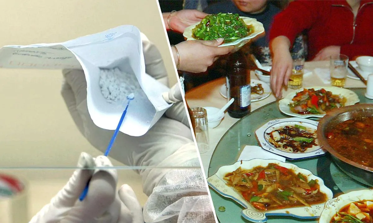 (L) File photo of a powder under going chemical testing. (MAURICIO LIMA/AFP/Getty Images) -- (R) File footage of a Chinese meal. (STR/AFP/Getty Images)