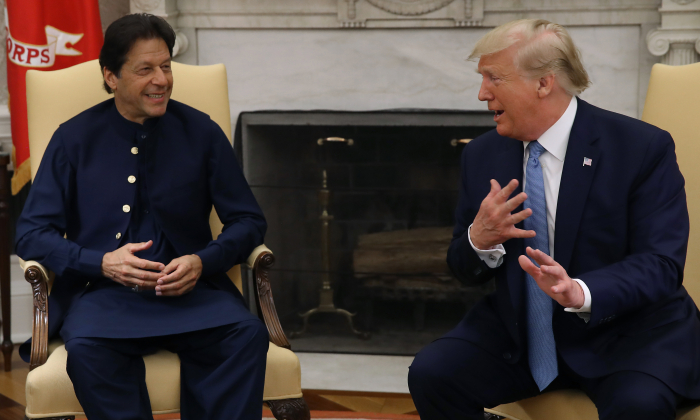 President Donald Trump and Prime Minister of the Islamic Republic of Pakistan, Imran Khan, speak to the media during a meeting in the Oval Office at the White House on July 22, 2019. (Mark Wilson/Getty Images)