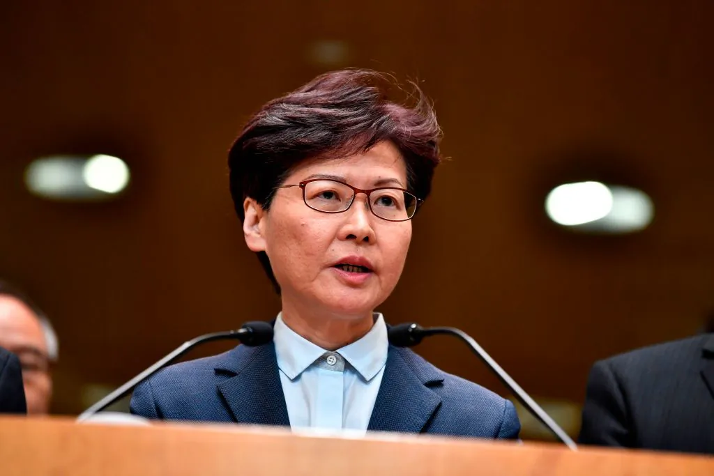 Hong Kong leader Carrie Lam speaks to the media during a press conference in Hong Kong on July 22, 2019. (Anthony Wallace/AFP/Getty Images)