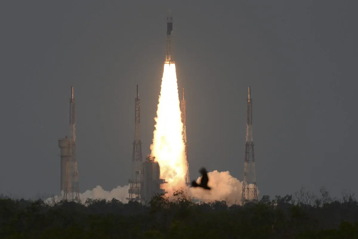 The Indian Space Research Organisation's (ISRO) Chandrayaan-2 (Moon Chariot 2), with on board the Geosynchronous Satellite Launch Vehicle (GSLV-mark III-M1), launches at the Satish Dhawan Space Centre in Sriharikota, an island off the coast of southern Andhra Pradesh state, on July 22, 2019. (Arun Sankar/AFP/Getty Images)