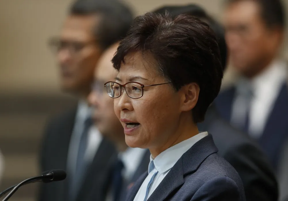 Hong Kong Chief Executive Carrie Lam speaks to reporters during a press conference in Hong Kong on July 22, 2019. (Vincent Yu/AP Photo)