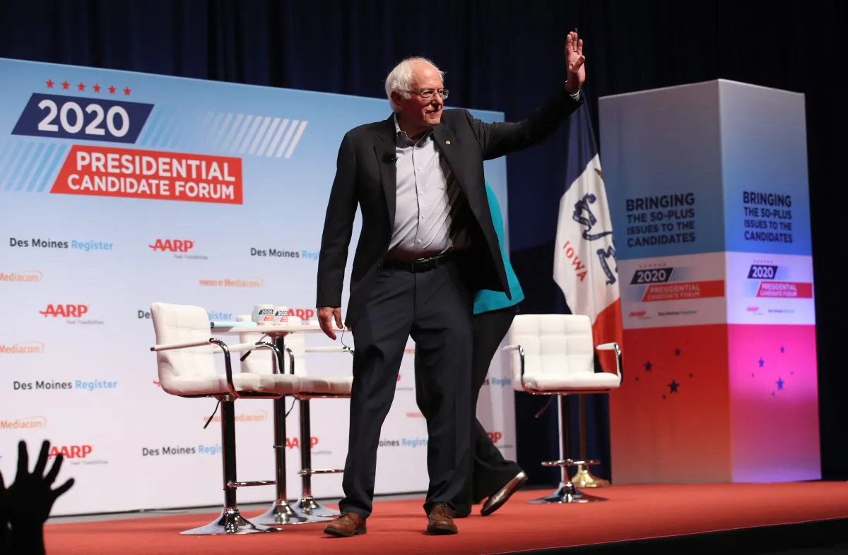 Democratic presidential hopeful Sen. Bernie Sanders (I-Vt.) at the AARP and The Des Moines Register Iowa Presidential Candidate Forum in Council Bluffs, Iowa, on July 20, 2019. (Justin Sullivan/Getty Images)