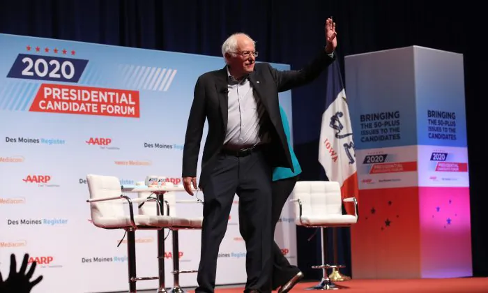 Democratic presidential hopeful Sen. Bernie Sanders (I-Vt.) at the AARP and The Des Moines Register Iowa Presidential Candidate Forum in Council Bluffs, Iowa, on July 20, 2019. (Justin Sullivan/Getty Images)