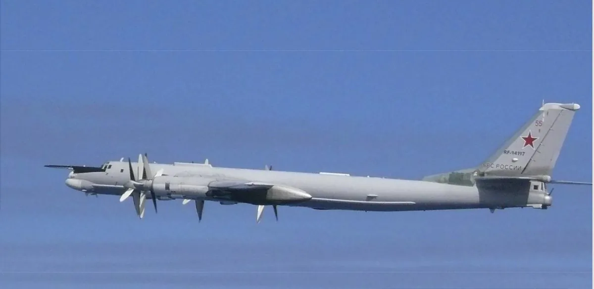 This image released by Joint Staff, Ministry of Defense, shows a Russian Tu-95 bomber that they said were flying near the Sea of Japan on July 23, 2019. (Joint Staff, Ministry of Defense via AP)