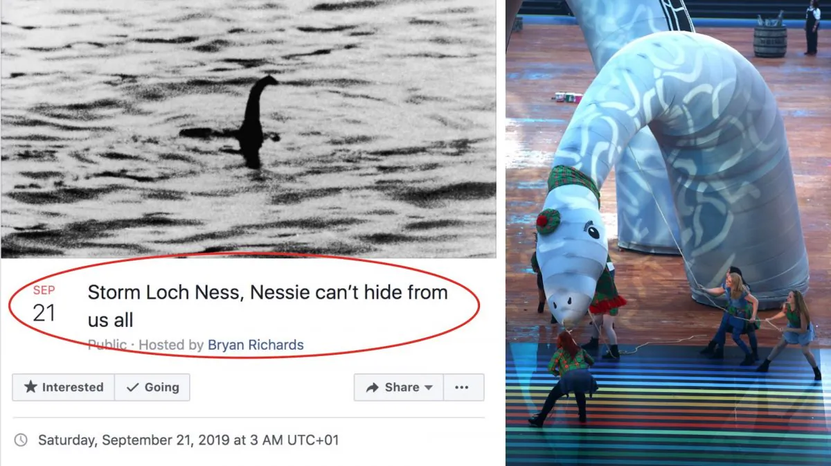 (L) A Facebook event called "Storm Loch Ness, Nessie Can't Hide From Us All" is getting traction online. (R) Dancers perform with a Loch Ness Monster mock-up at the Glasgow 2014 Commonwealth Games in Glasgow, Scotland, on July 23, 2014. (Richard Heathcote/Getty Images)
