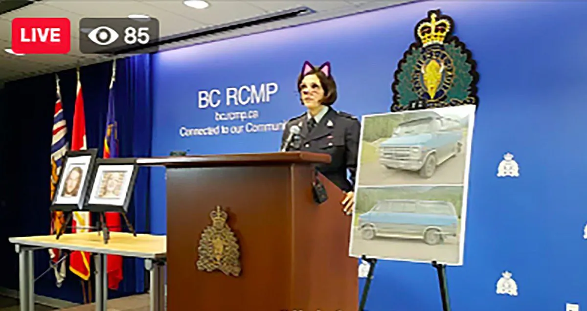 British Columbia Royal Canadian Mounted Police Sargent Janelle Shoihet delivered a live press conference with the cat filter applied in Vancouver, Canada, on July 19, 2019. (Courtesy of Tyler Dawson/Twitter)
