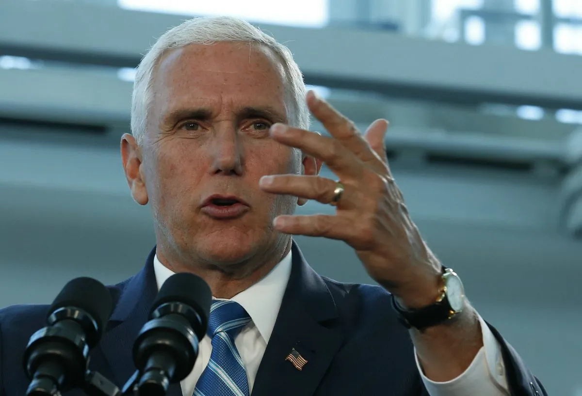 Vice President Mike Pence speaks following his tour of the U.S. Navy Hospital Ship USNS Comfort, Miami, Fla., on June 18, 2019. (Joe Skipper/Getty Images)