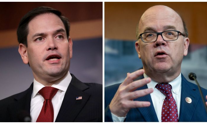 L:  Sen. Marco Rubio (R-FL) at a news conference at the U.S. Capitol in Washington, on March 22, 2018. (Chip Somodevilla/Getty Images)
R: US Rep. Jim McGovern (D-MA) at a press conference in Washington on April 4, 2019. (Saul Loeb/AFP/Getty Images)
