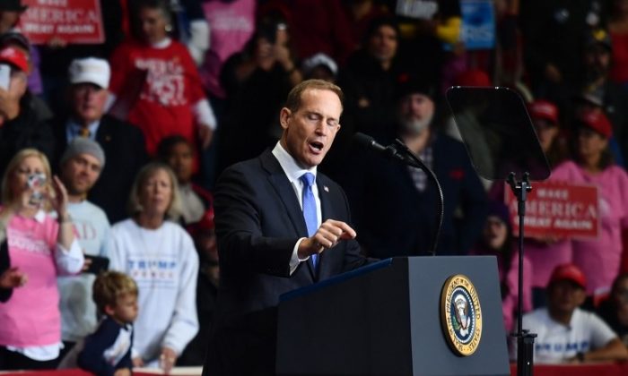 Rep. Ted Budd (D-N.C.) speaks during a "Make America Great Again" rally at Bojangles' Coliseum in Charlotte, N.C., on Oct. 26, 2018. Budd has co-sponsored, with Rep. Bradley Byrne (R-Ala.), The Justice for Victims of Sanctuary Cities Act of 2019. (NICHOLAS KAMM/AFP/Getty Images)