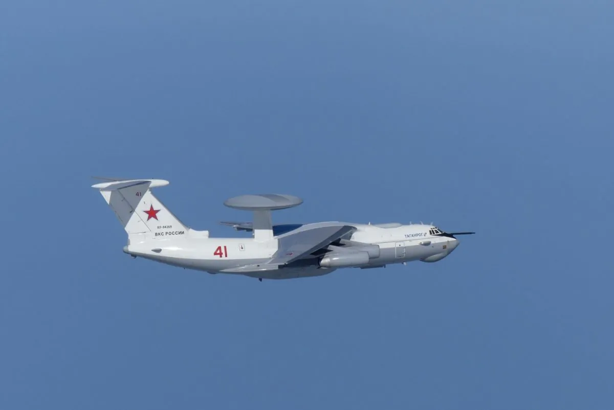 A Russian A-50 military aircraft flies near the disputed islands called Takeshima in Japan and Dokdo in South Korea, in this handout picture taken by Japan Air Self-Defence Force and released by the Joint Staff Office of the Defense Ministry of Japan on July 23, 2019. (Joint Staff Office of the Defense Ministry of Japan/HANDOUT via REUTERS)