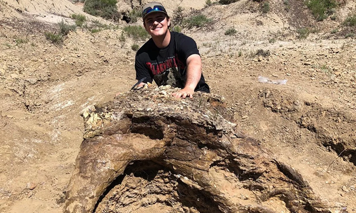Harrison Duran, a fifth-year biology student, discovered a Triceratops skull during a paleontology dig in North Dakota. (UC Merced)