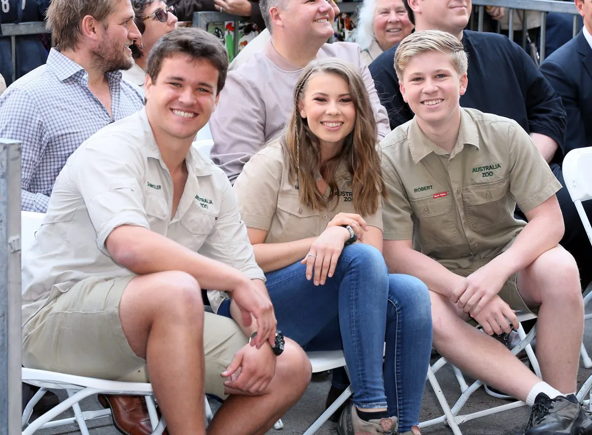 (L-R) Wakeboarder Chandler Powell and conservationists and television personalities Bindi Irwin and Robert Irwin attend Steve Irwin being honored posthumously with a Star on the Hollywood Walk of Fame in Hollywood, California on April 26, 2018. (David Livingston/Getty Images)