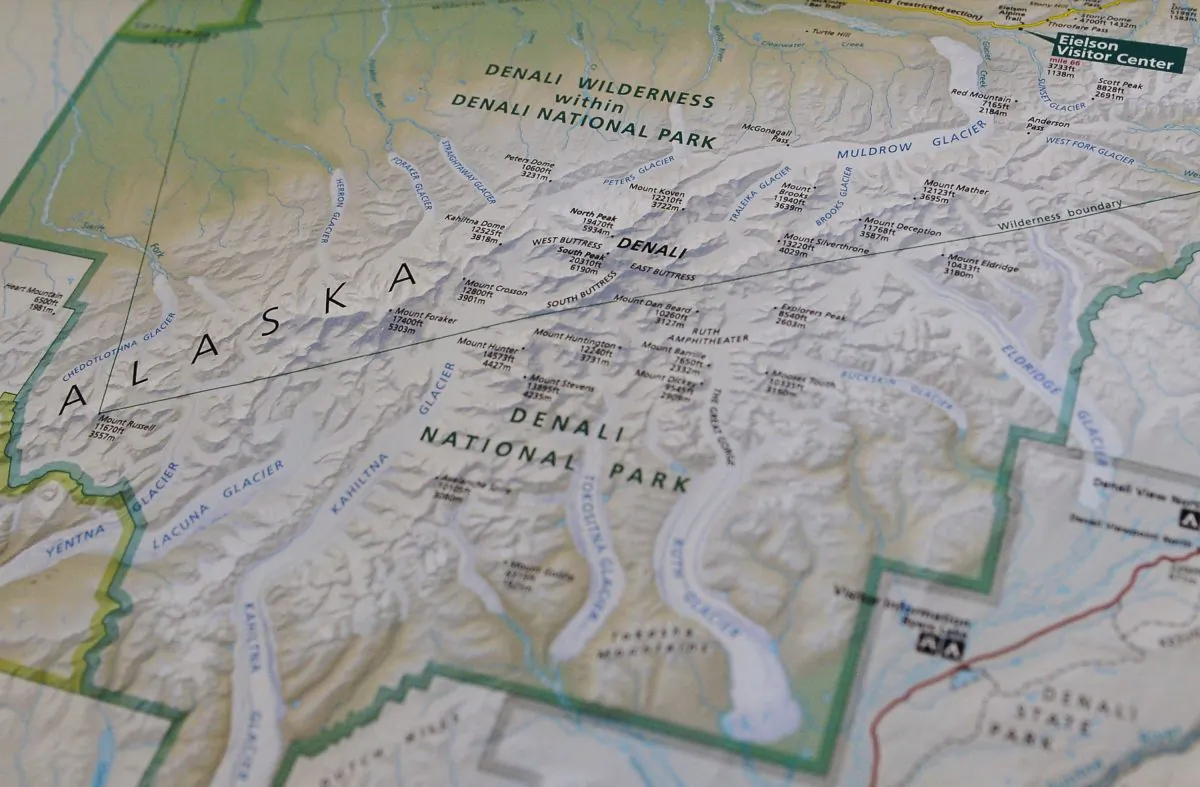 A photo taken onboard Air Force One enroute Alaska shows a National Parks Service map shows the newly renamed "Denali" which was formerly known as Mount McKinley in Alaska, on Aug. 31, 2015. (Mandel Ngan/AFP/Getty Images)