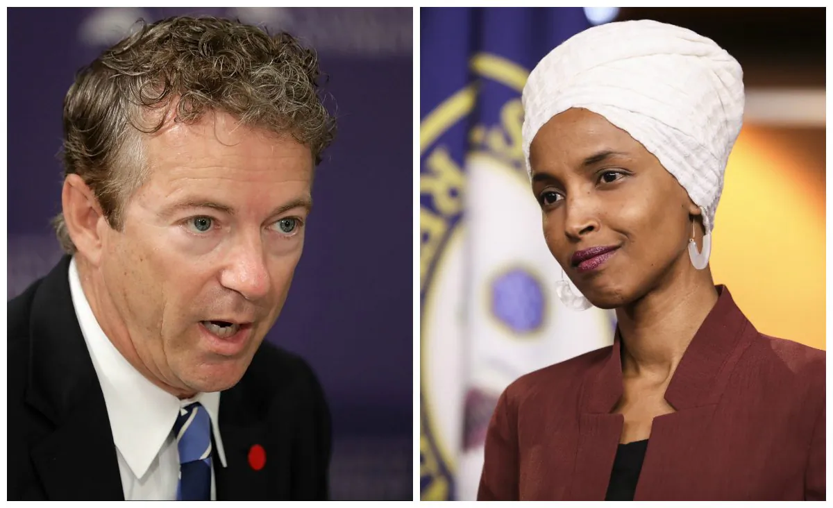 Sen. Rand Paul (R-Ky.) at the Center for the National Interest in Washington on Sept. 19, 2016, left. On right, Rep. Ilhan Omar (D-Minn.) speaks at a press conference on the Capitol on July 15, 2019. (Chip Somodevilla/Getty Images; Holly Kellum/NTD)
