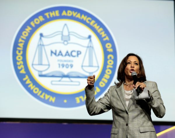 Democratic presidential hopeful Kamala Harris speaks