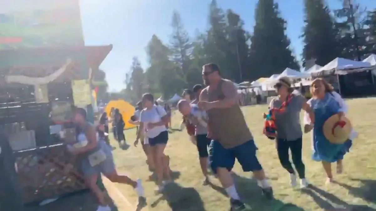 People run as an active shooter was reported at the Gilroy Garlic Festival, south of San Jose, California, U.S., July 28, 2019 in this still image taken from a social media video. (Courtesy of Twitter @wavyia via Reuters)