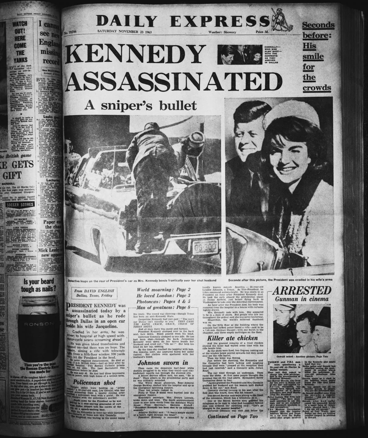 First page of the Daily Express, Number 19746, Saturday November 23rd 1963 with title 'Kennedy Assassinated: A sniper's bullet', photo taken 7th June 1968. (Photo by Evening Standard/Hulton Archive/Getty Images)