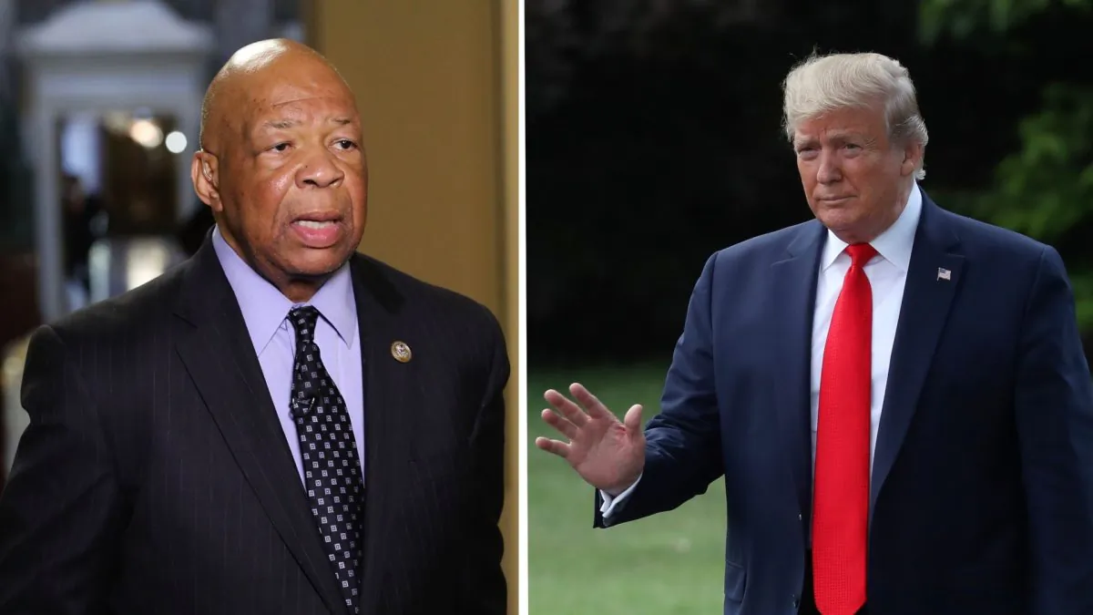 Rep. Elijah Cummings (D-MD) speaks to the media on May 17, 2017 in Washington, DC. (Mark Wilson/Getty Images); President Donald Trump (R) gestures to the media before departing from the White House on July 24, 2019. (Mark Wilson/Getty Images)