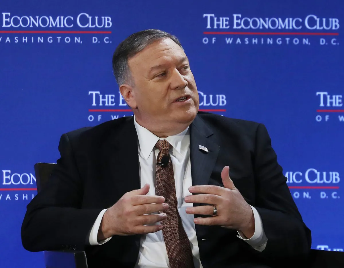 U.S. Secretary of State Mike Pompeo speaks about U.S. diplomatic relations and trade agreements during a discussion hosted by the Economic Club of Washington, in Washington, on July 29, 2019.  (Mark Wilson/Getty Images)