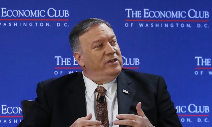 U.S. Secretary of State Mike Pompeo speaks about U.S. diplomatic relations and trade agreements during a discussion hosted by the Economic Club of Washington, in Washington, on July 29, 2019.  (Mark Wilson/Getty Images)